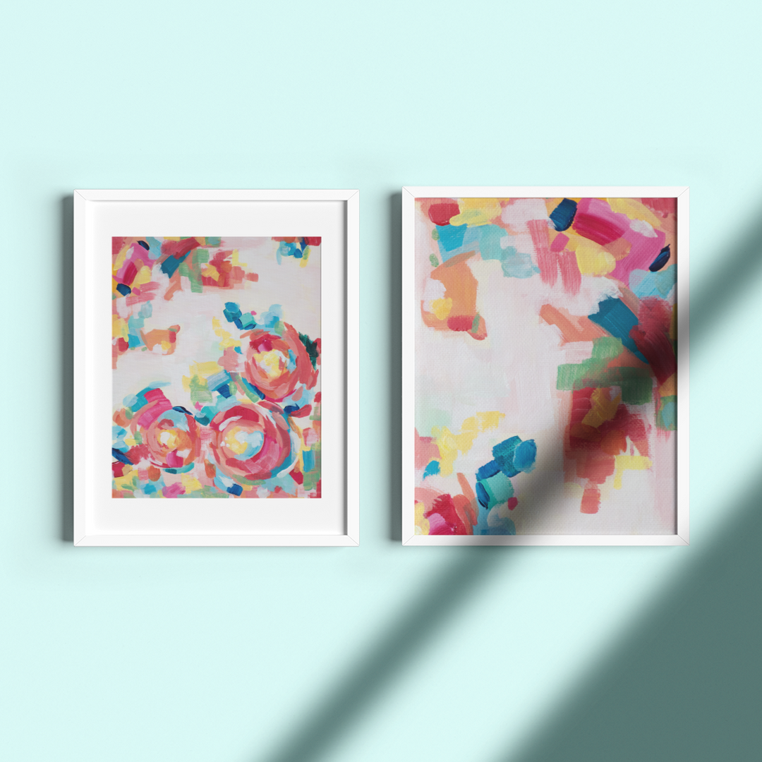 Artwork titled "Roses and Rainbows": Framed Colourful Abstract Print for Sale with a Flower inspiration from Parisa Fine Arts