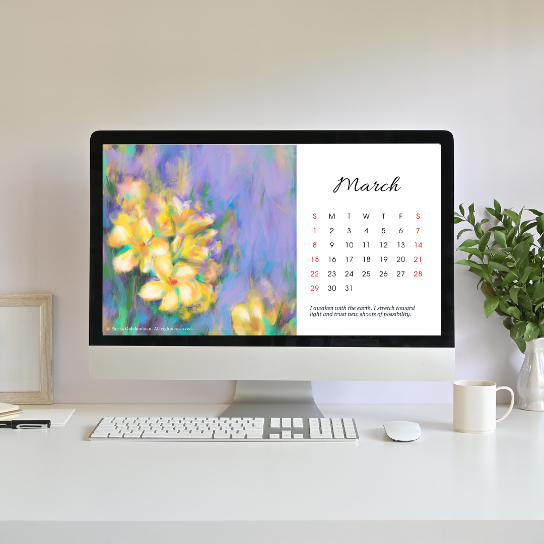 Computer monitor displaying a March calendar with a floral background on a white desk.