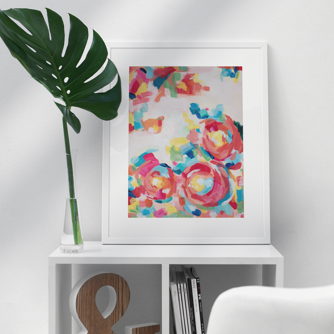 Artwork titled "Roses and Rainbows": Framed Colourful Abstract Print for Sale with a Flower inspiration from Parisa Fine Arts